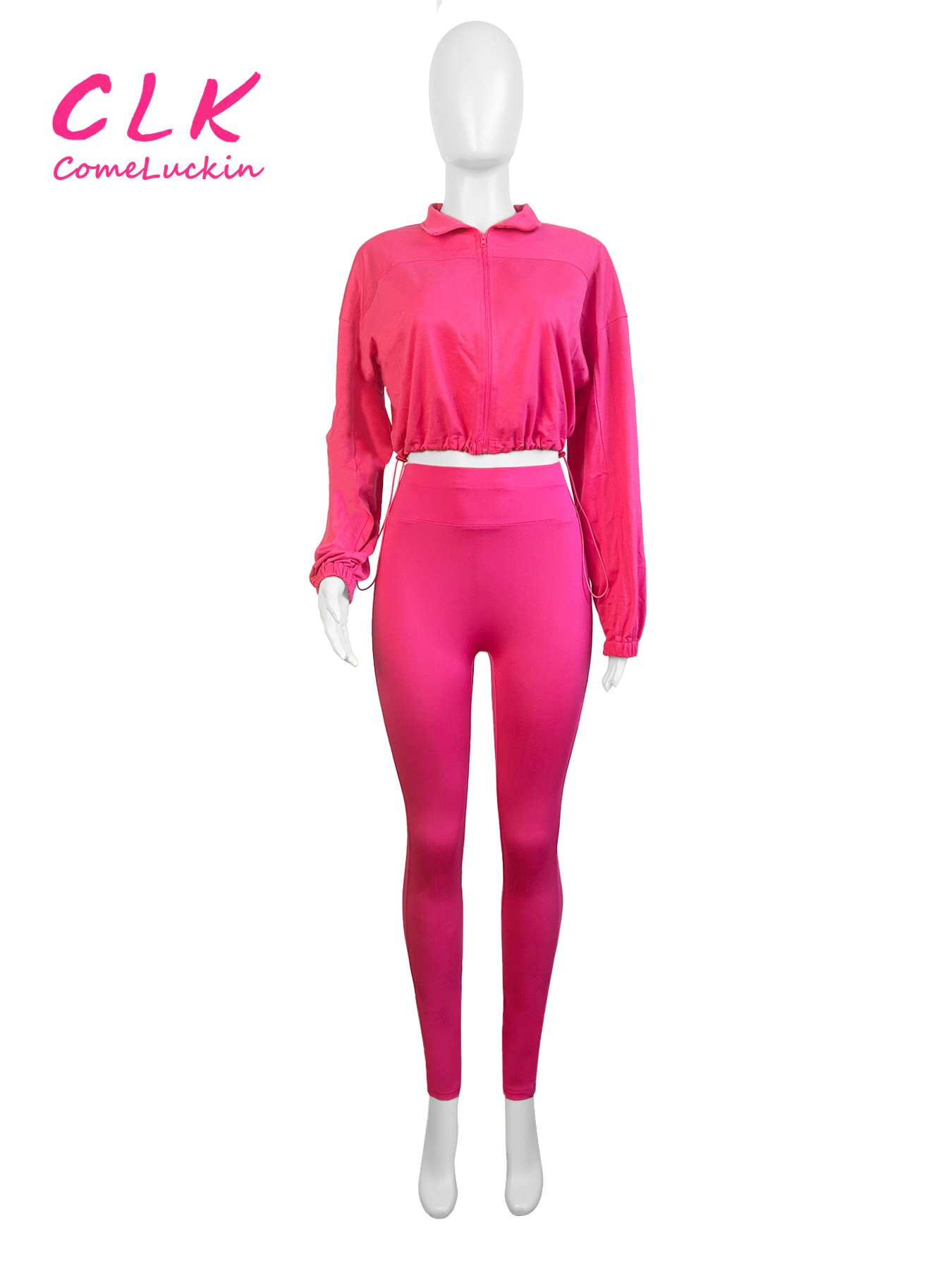 Custom Logo Women Sport Wear Zipper Draw string Crop Top Gym Leggings Fitness Workout Two Pieces Jogger Set For Women Clothing
