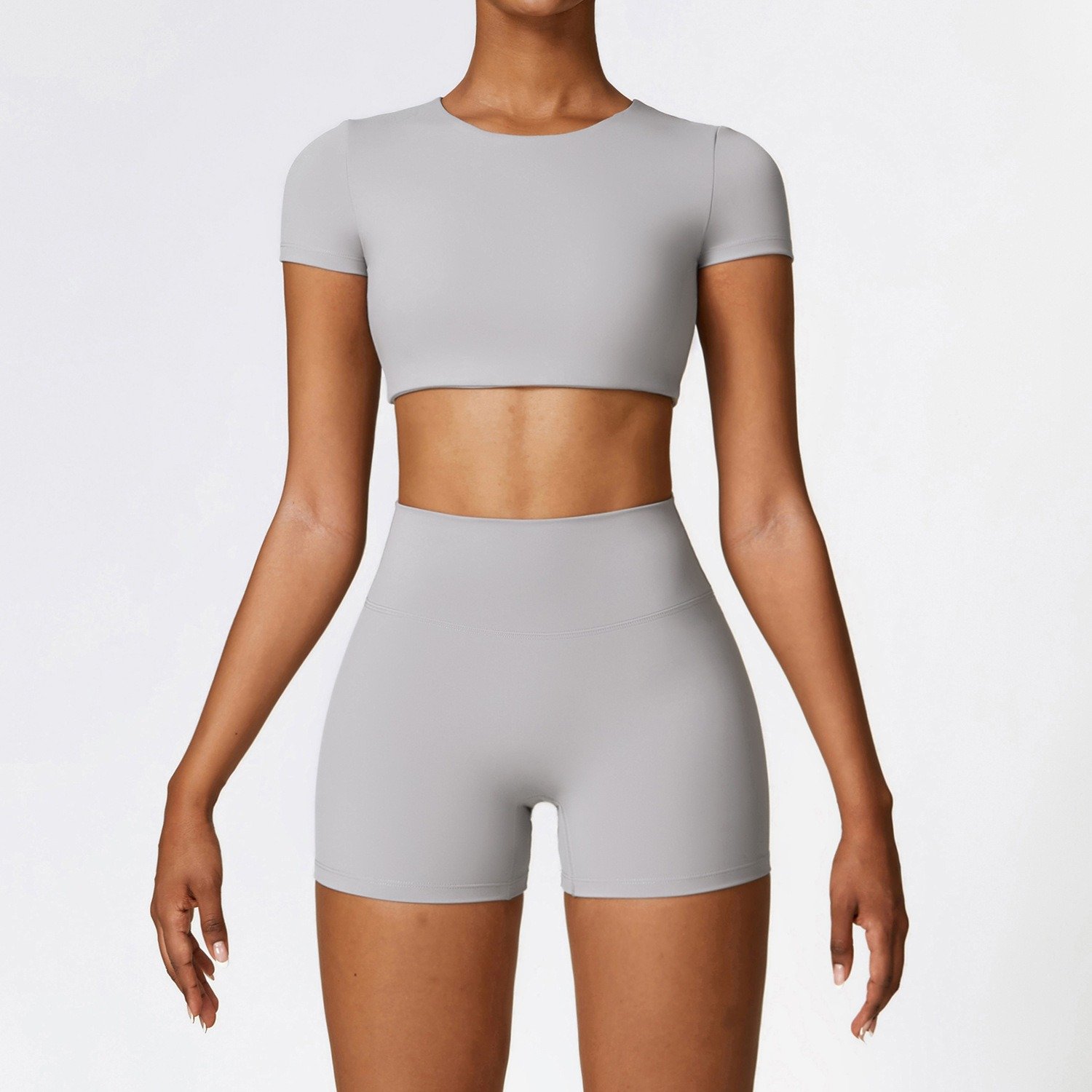 Premium Activewear Sets Cropped Short Sleeve Top Bike Shorts Yoga Sets For Woman
