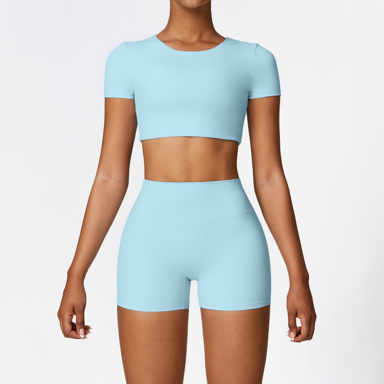 Premium Activewear Sets Cropped Short Sleeve Top Bike Shorts Yoga Sets For Woman