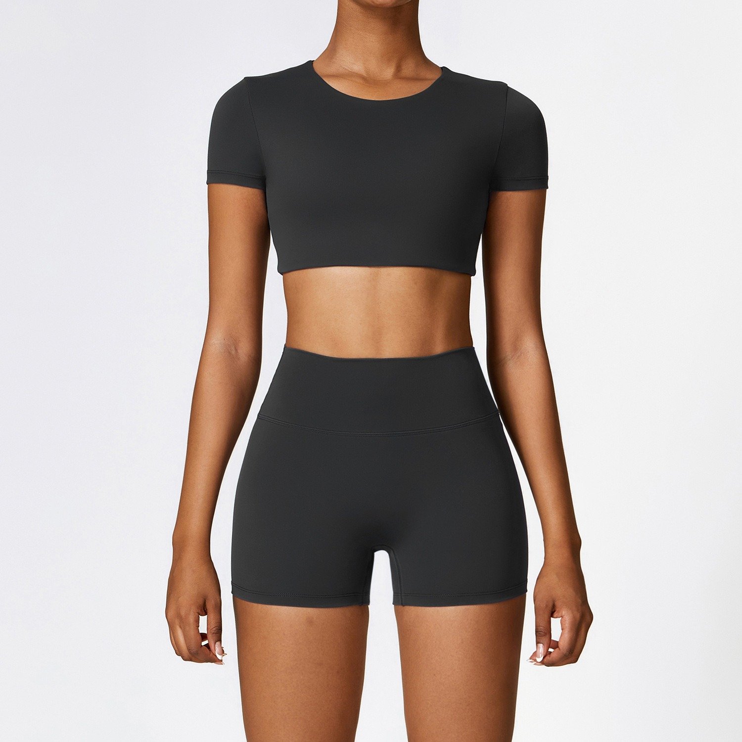 Premium Activewear Sets Cropped Short Sleeve Top Bike Shorts Yoga Sets For Woman