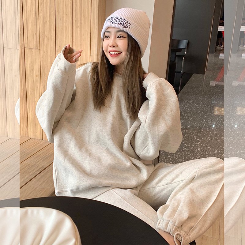 Wholesale Fall Winter Casual Oversize Long Sleeve Solid Color Sweatshirt Jogger Sweatsuit Women Clothing Two Piece Pants Set