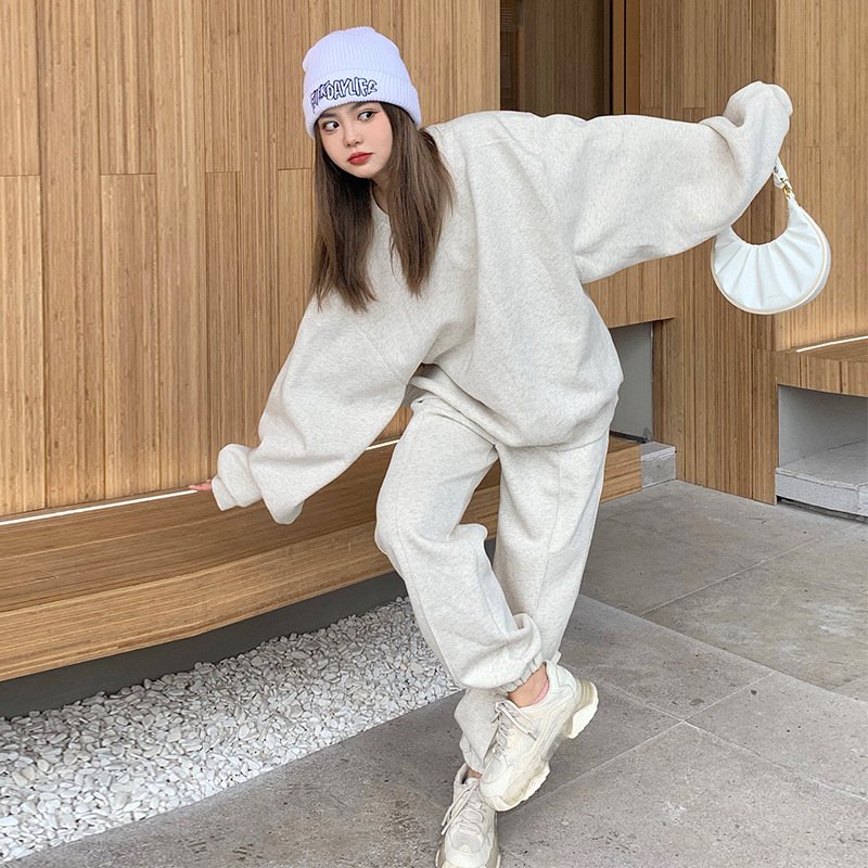 Wholesale Fall Winter Casual Oversize Long Sleeve Solid Color Sweatshirt Jogger Sweatsuit Women Clothing Two Piece Pants Set