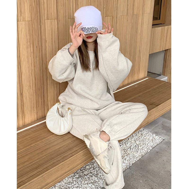Wholesale Fall Winter Casual Oversize Long Sleeve Solid Color Sweatshirt Jogger Sweatsuit Women Clothing Two Piece Pants Set