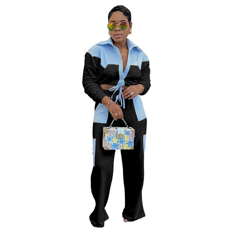 Latest Design Two Piece Set Women Clothing Patchwork Striped Long Sleeve T Shirt+Drawstring Pants Fall Two Piece Sets For Women