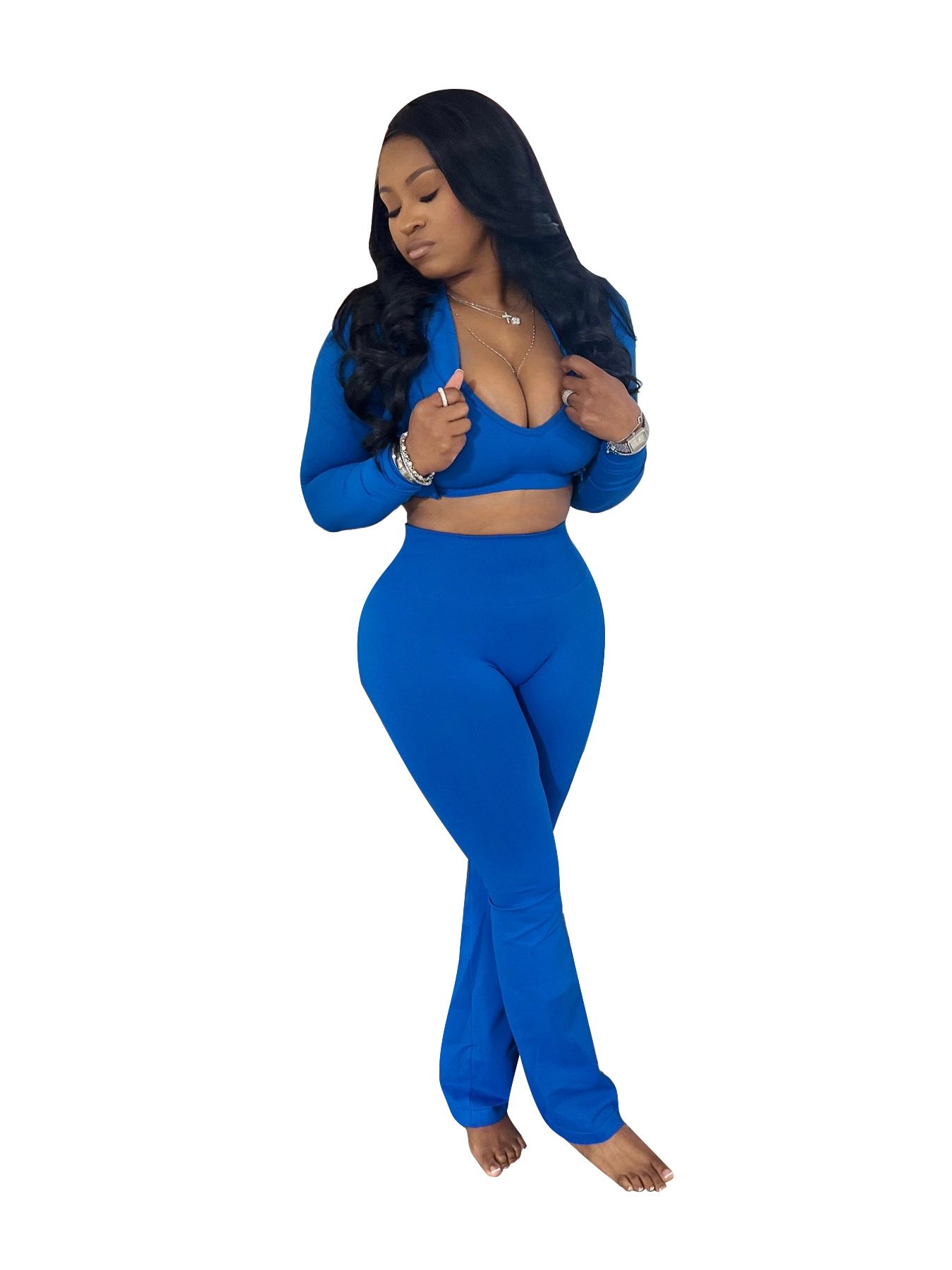 Trending Design Plus Velvet fashion Leisure Suit Solid Color Long Sleeved Three Piece Set Women's Clothing