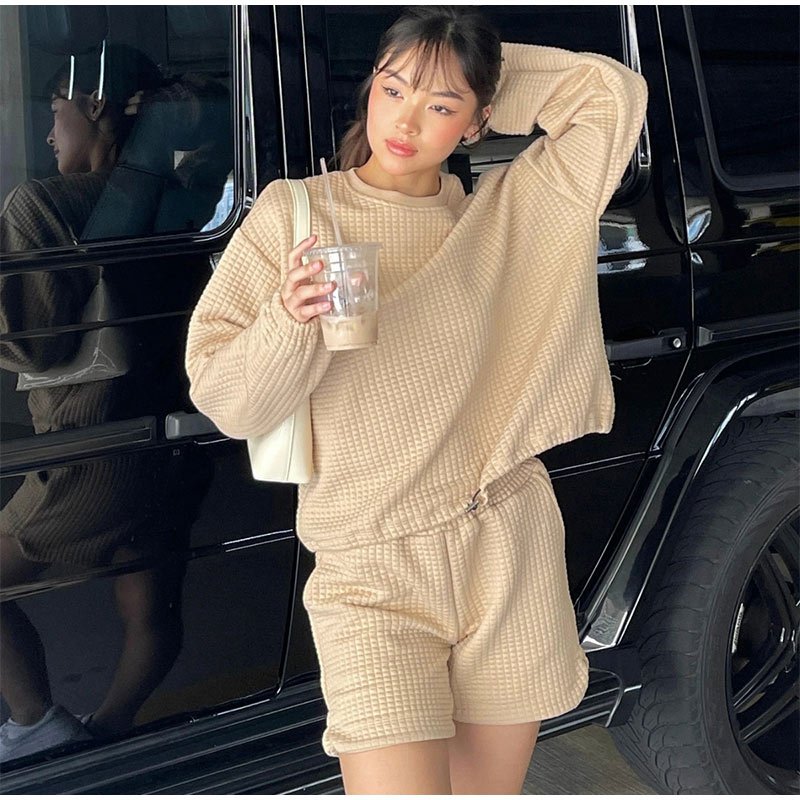 Women's Tracksuit Casual Waffle Shorts 2 Piece Sets Sweatshirt And Mini Shorts Suits Female Loose Streetwear Outfits