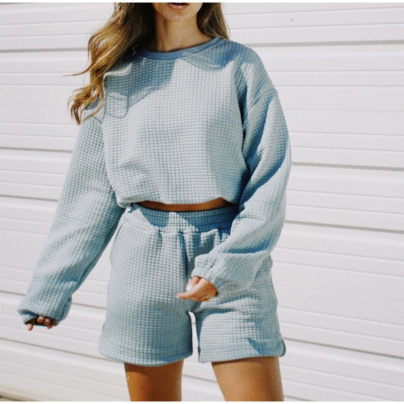 Women's Tracksuit Casual Waffle Shorts 2 Piece Sets Sweatshirt And Mini Shorts Suits Female Loose Streetwear Outfits