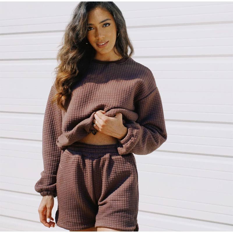 Women's Tracksuit Casual Waffle Shorts 2 Piece Sets Sweatshirt And Mini Shorts Suits Female Loose Streetwear Outfits