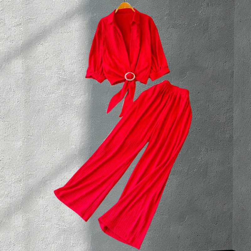 Boutique Wholesale 2024 Autumn New Style Fashionable Age Reducing and Slimming Wide Leg Pants Personalized Shirt Women's Set