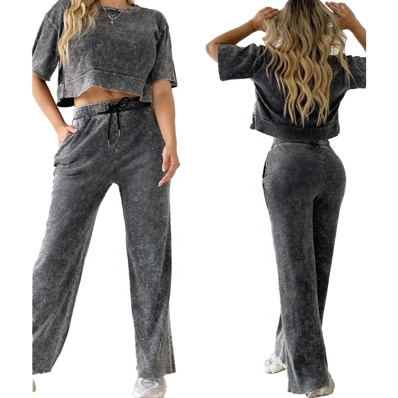 KY Summer Women's Set Acid Wash Straight Leg Pants & Ring Spun Cotton T-Shirt