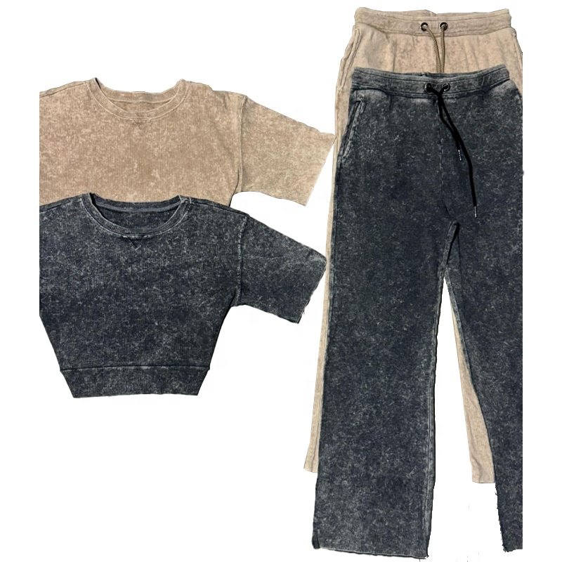 KY Summer Women's Set Acid Wash Straight Leg Pants & Ring Spun Cotton T-Shirt