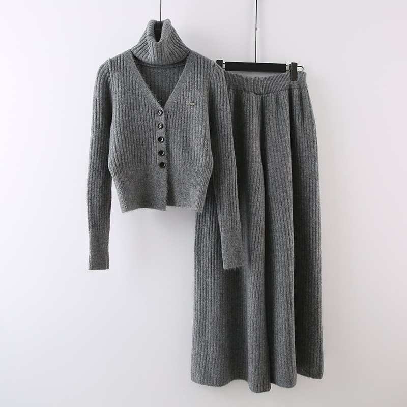 Boutique Wholesale 2024 Autumn New Fashionable V-neck Knitted Sweater Cardigan Wide Leg Pants Women's Set