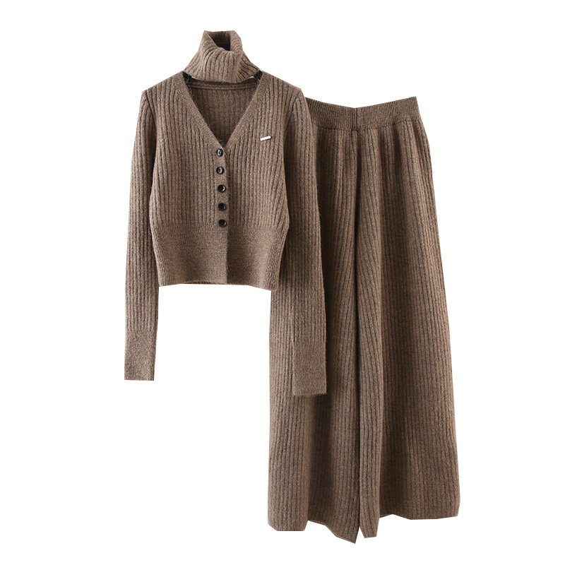 Boutique Wholesale 2024 Autumn New Fashionable V-neck Knitted Sweater Cardigan Wide Leg Pants Women's Set