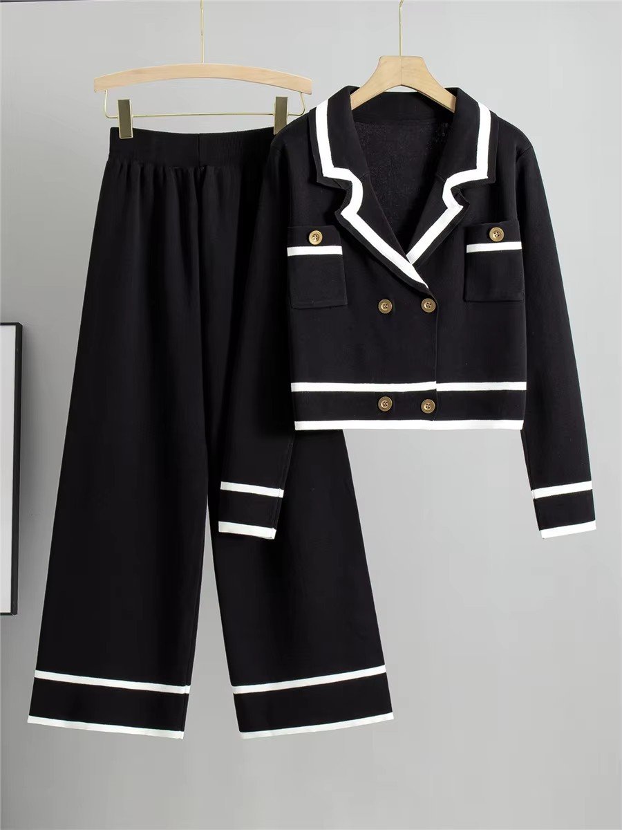 Wholesale 2024 Autumn Women's Set European American New Age Casual Style Reducing Temperament Knitted Cardigan Wide Leg Pants