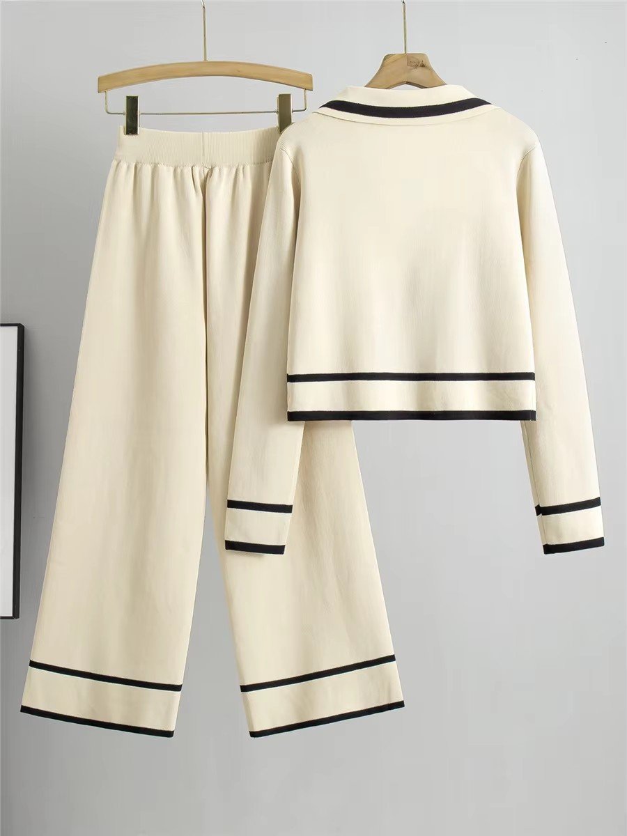 Wholesale 2024 Autumn Women's Set European American New Age Casual Style Reducing Temperament Knitted Cardigan Wide Leg Pants