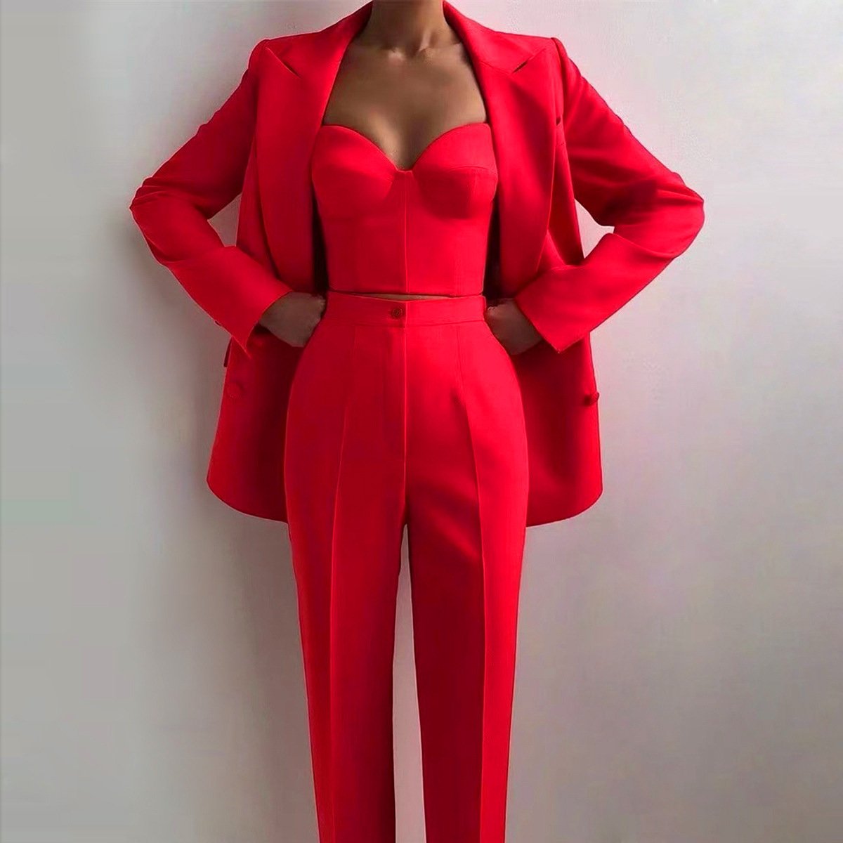 Women's Suits Sets New Arrivals 2024 High Quality Casual Fashion Women Business Suit Bra Blazer Pants Three Pieces Sets