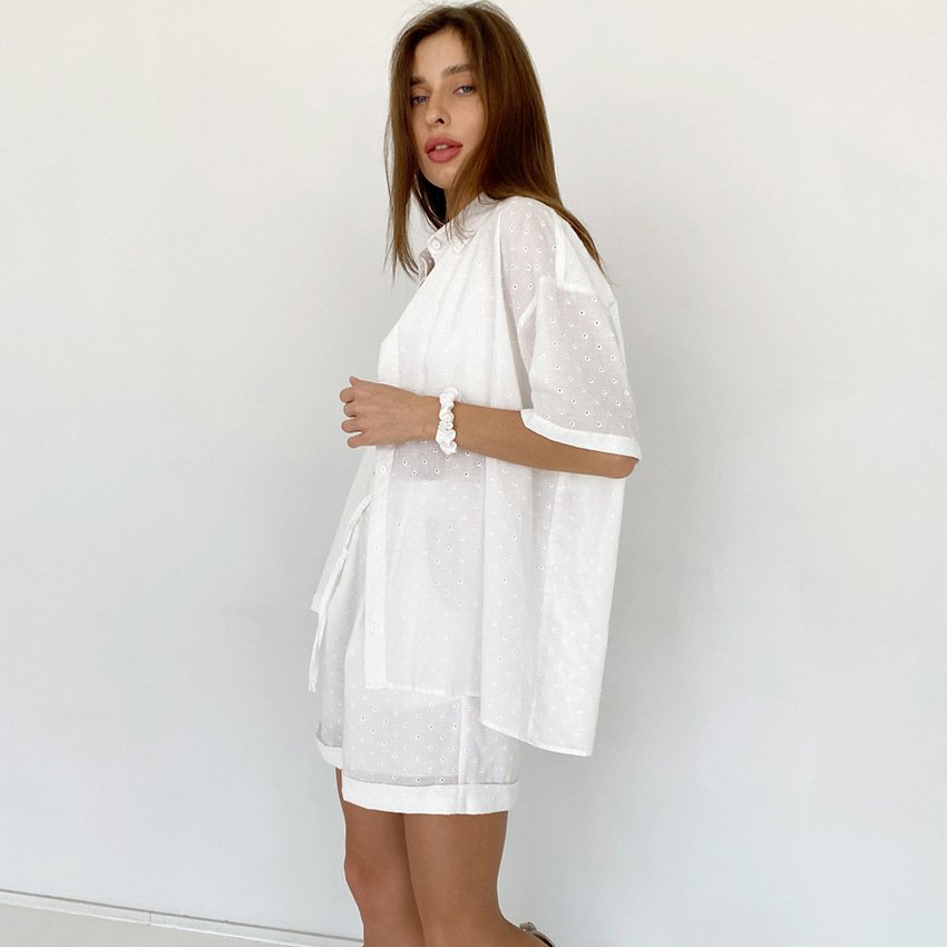 Mandy 2023 Summer Short Sleeve Shirt Jacquard Sexy Hollow Shorts Women's Loose Casual Set Above Knee Plain Dyed OEM Designs Chiffon