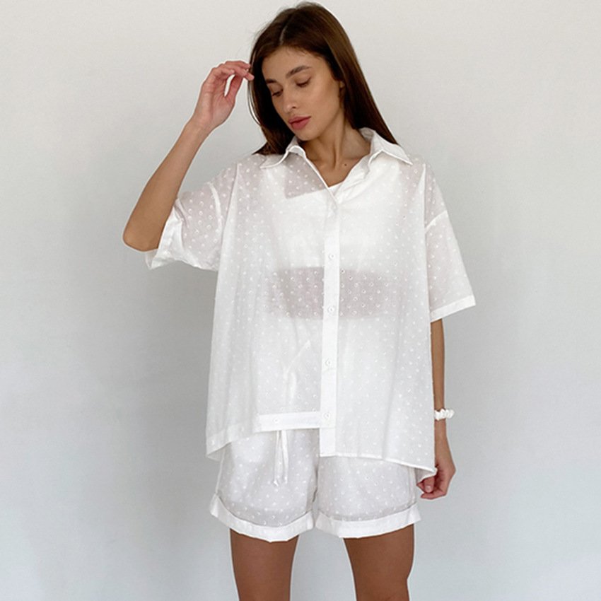 Mandy 2023 Summer Short Sleeve Shirt Jacquard Sexy Hollow Shorts Women's Loose Casual Set Above Knee Plain Dyed OEM Designs Chiffon