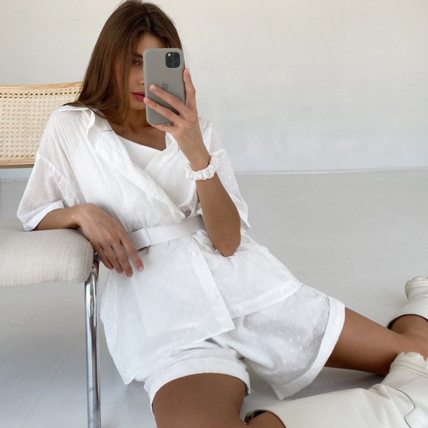 Mandy 2023 Summer Short Sleeve Shirt Jacquard Sexy Hollow Shorts Women's Loose Casual Set Above Knee Plain Dyed OEM Designs Chiffon