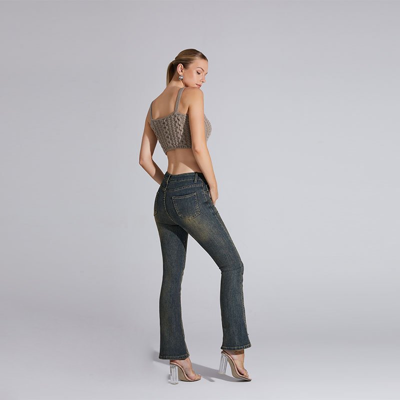Customized casual knit two-piece sexy suspender ribbed top and denim pants women's set