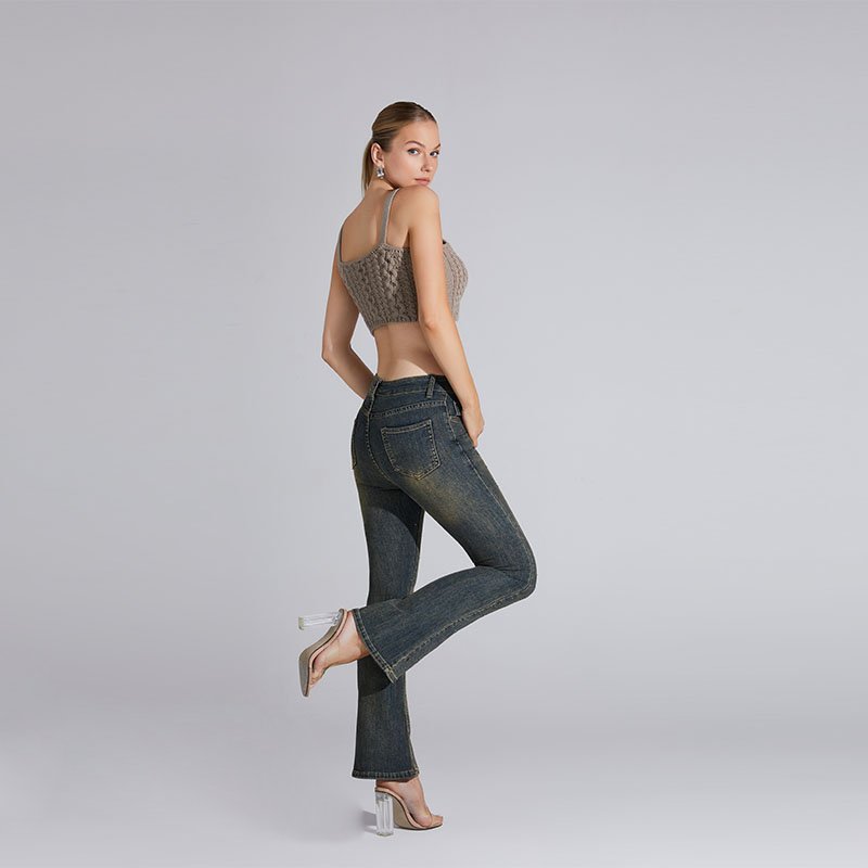 Customized casual knit two-piece sexy suspender ribbed top and denim pants women's set