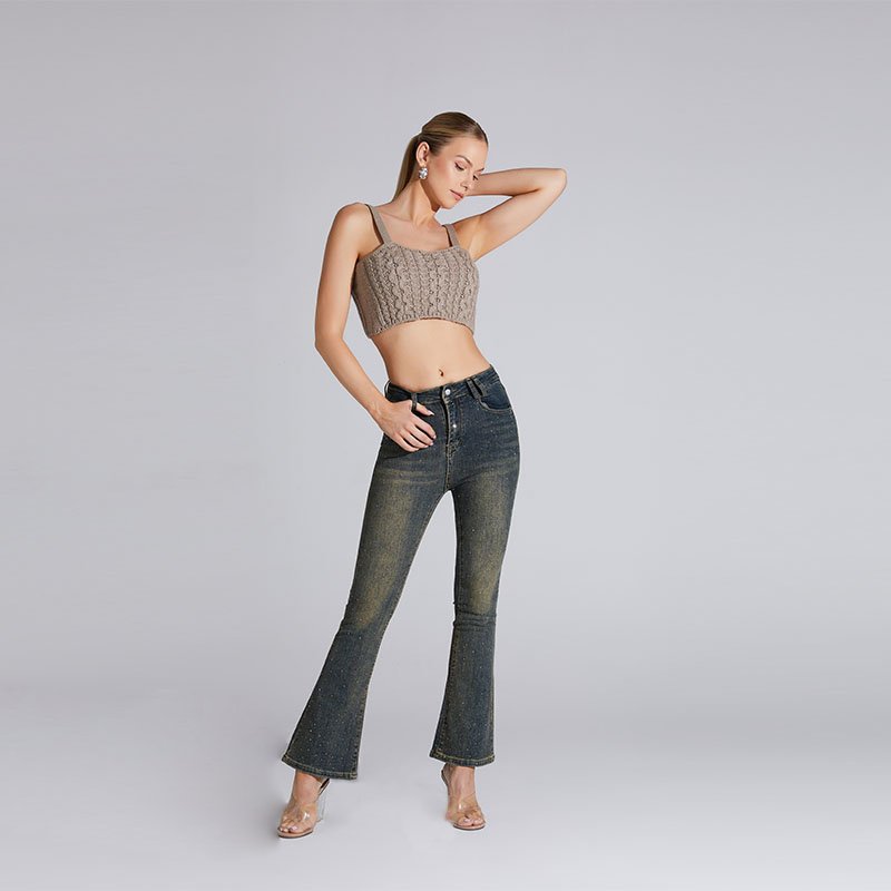 Customized casual knit two-piece sexy suspender ribbed top and denim pants women's set