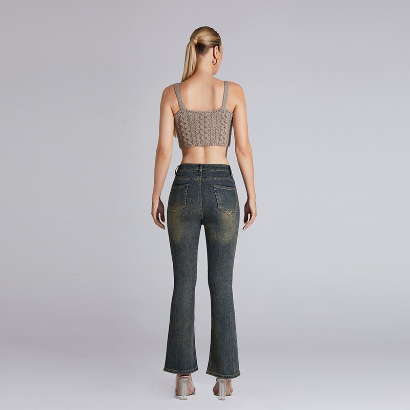 Customized casual knit two-piece sexy suspender ribbed top and denim pants women's set