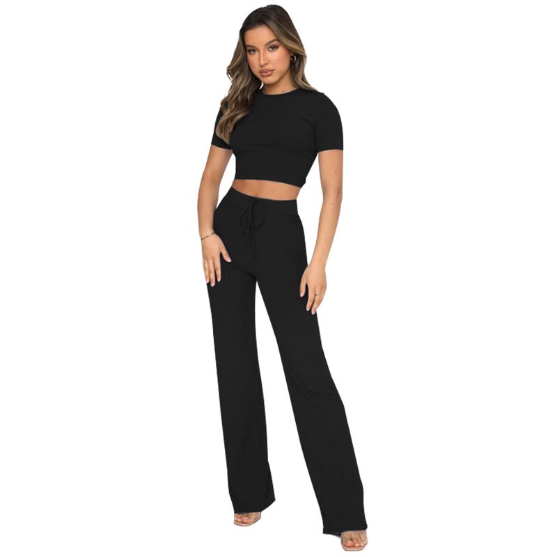 FEIBAI women's sets solid color high elastic body sculpting women outfit short-sleeved wide-leg pants 2 piece women's set