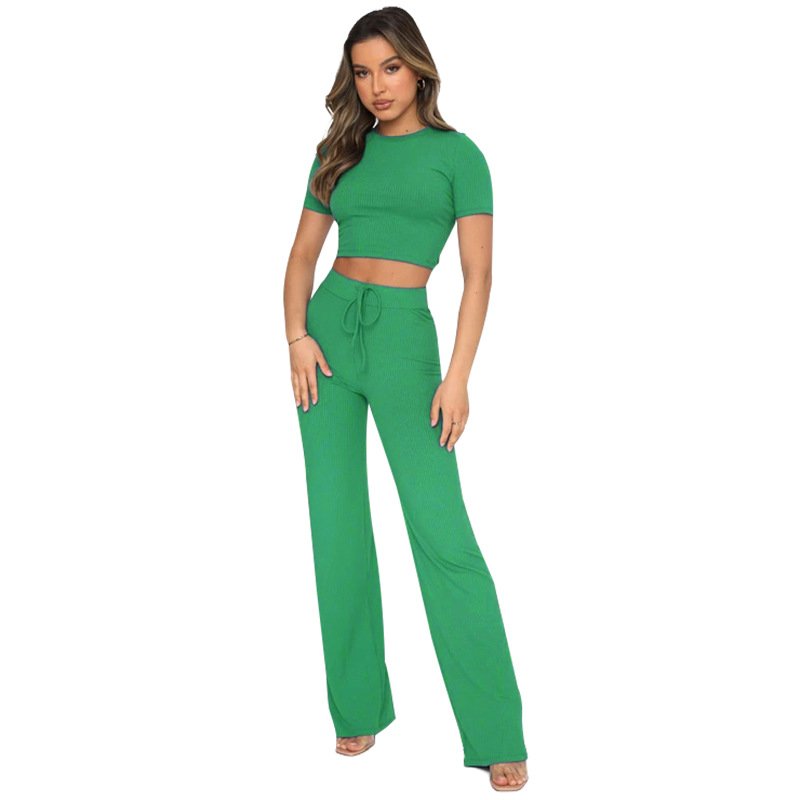 FEIBAI women's sets solid color high elastic body sculpting women outfit short-sleeved wide-leg pants 2 piece women's set