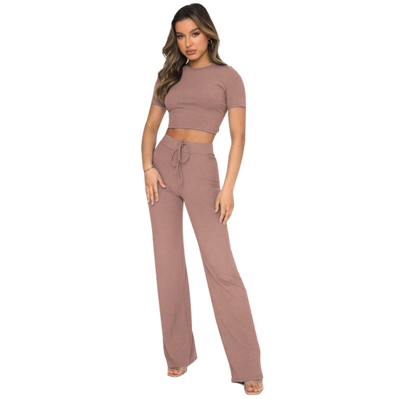 FEIBAI women's sets solid color high elastic body sculpting women outfit short-sleeved wide-leg pants 2 piece women's set