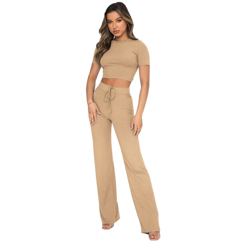 FEIBAI women's sets solid color high elastic body sculpting women outfit short-sleeved wide-leg pants 2 piece women's set