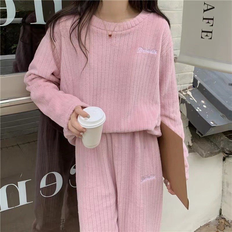 Winter Long Coral Pajamas Pure Color Women Pyjamas Coral Fleece Soft Warm Girl's Sleepwear Thick Pjs Pajamas Set