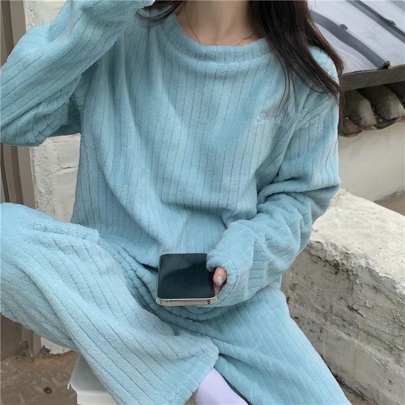 Winter Long Coral Pajamas Pure Color Women Pyjamas Coral Fleece Soft Warm Girl's Sleepwear Thick Pjs Pajamas Set
