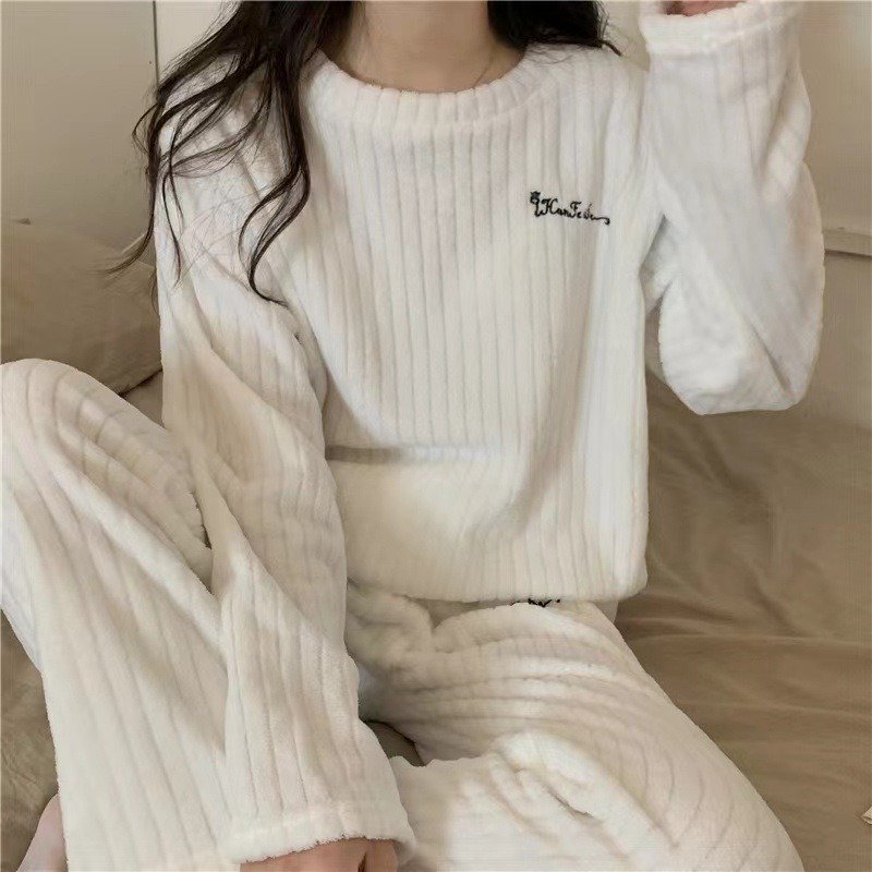 Winter Long Coral Pajamas Pure Color Women Pyjamas Coral Fleece Soft Warm Girl's Sleepwear Thick Pjs Pajamas Set