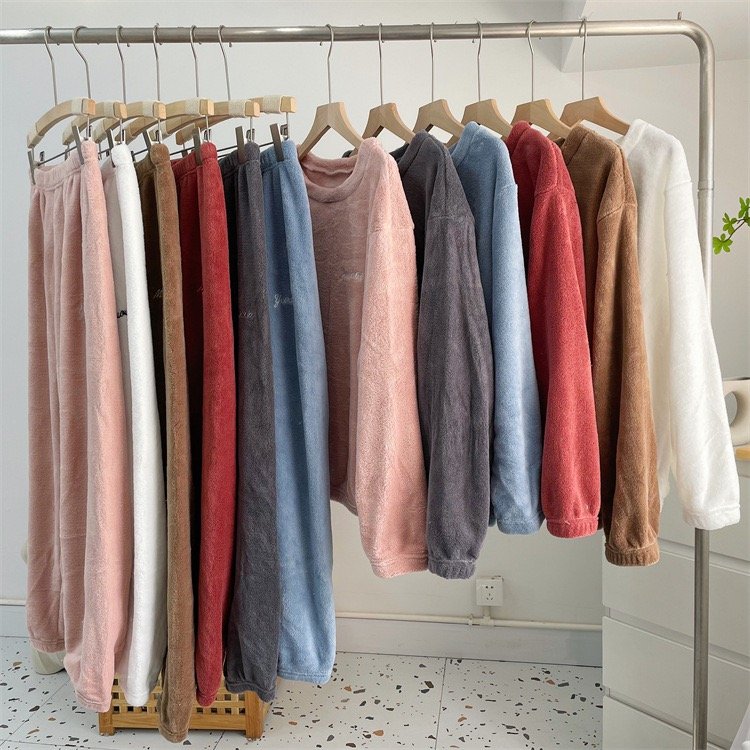 Winter Long Coral Pajamas Pure Color Women Pyjamas Coral Fleece Soft Warm Girl's Sleepwear Thick Pjs Pajamas Set
