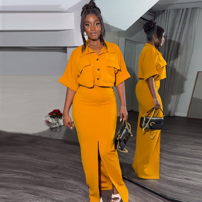 Summer women clothing ladies casual O neck short sleeve shirt crop top high waist button half skirt two piece women's sets