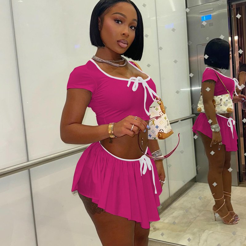 Peeqi K24S48189 summer 2024 bump color low cut short sleeve crop top and short skirt 2 piece set bodycon sexy women's set