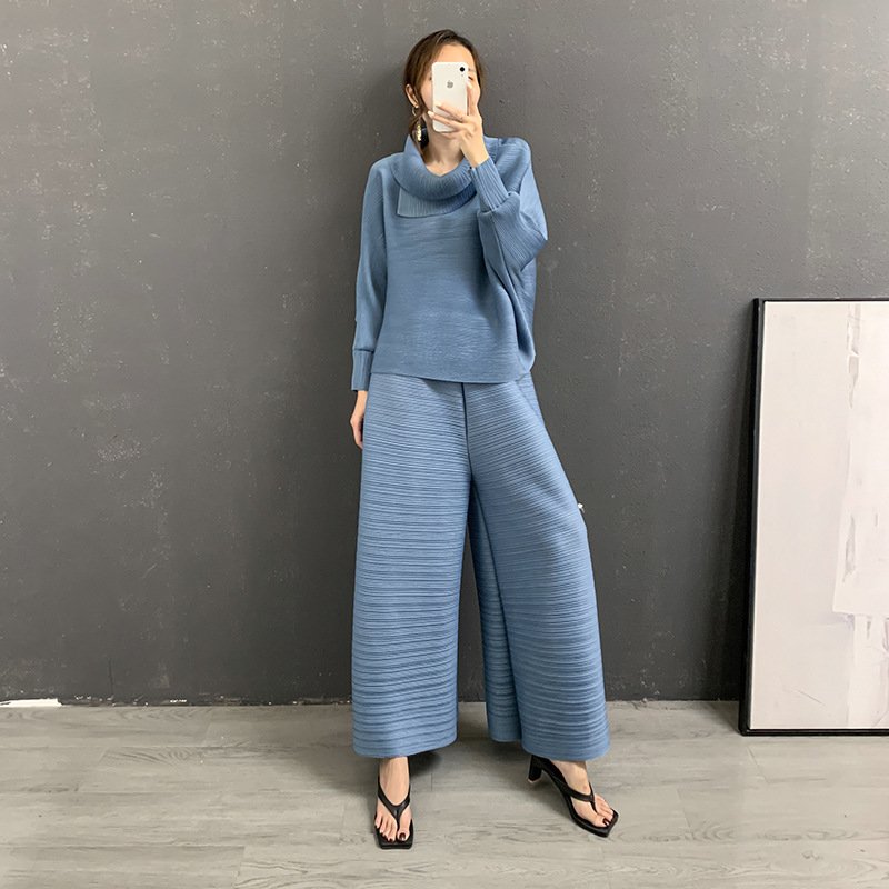 Miyake Pleated Set 2024 New Arrival Oversized Turn-down Collar Long-Sleeve Top and Plus-Size Wide-Leg Pants 2-Piece