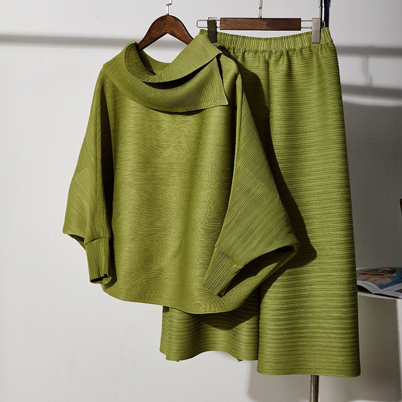 Miyake Pleated Set 2024 New Arrival Oversized Turn-down Collar Long-Sleeve Top and Plus-Size Wide-Leg Pants 2-Piece