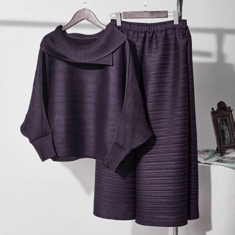 Miyake Pleated Set 2024 New Arrival Oversized Turn-down Collar Long-Sleeve Top and Plus-Size Wide-Leg Pants 2-Piece