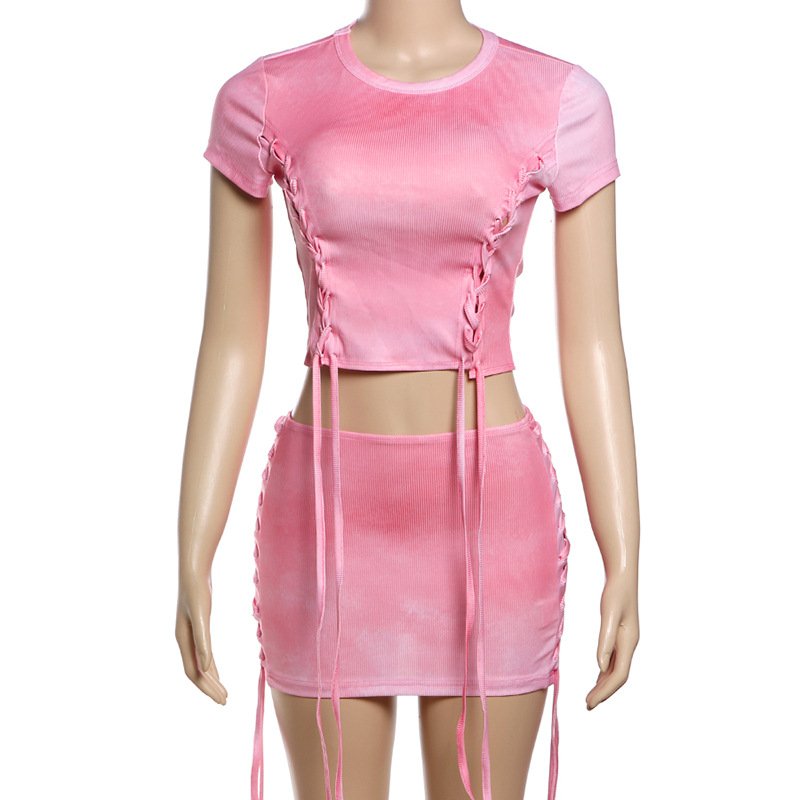 2024 Summer Lace Up Ladies 2pc Short Skirts Pink Suit Set Ribbed Sexy Mini Skirt And Crop Top Sets Women Two Piece Outfits