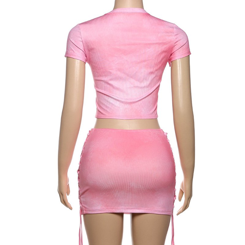 2024 Summer Lace Up Ladies 2pc Short Skirts Pink Suit Set Ribbed Sexy Mini Skirt And Crop Top Sets Women Two Piece Outfits