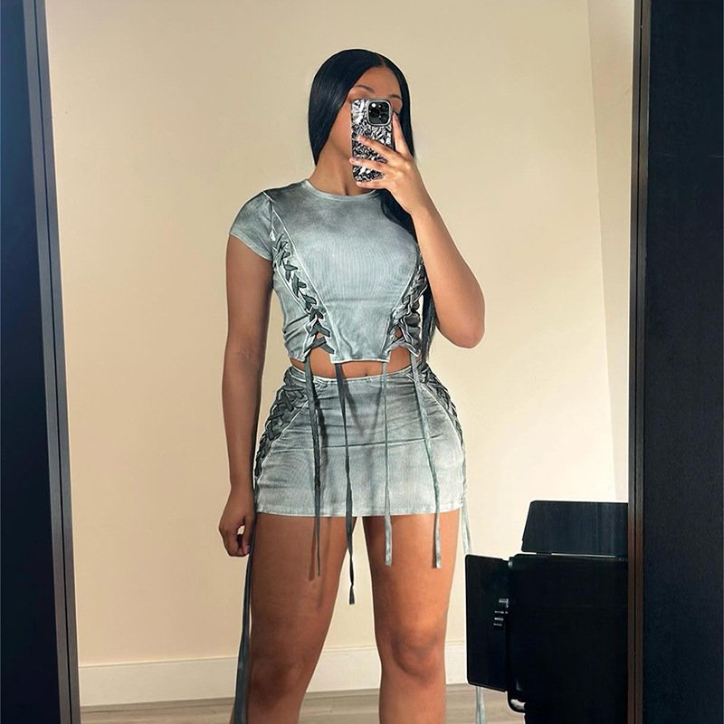 2024 Summer Lace Up Ladies 2pc Short Skirts Pink Suit Set Ribbed Sexy Mini Skirt And Crop Top Sets Women Two Piece Outfits