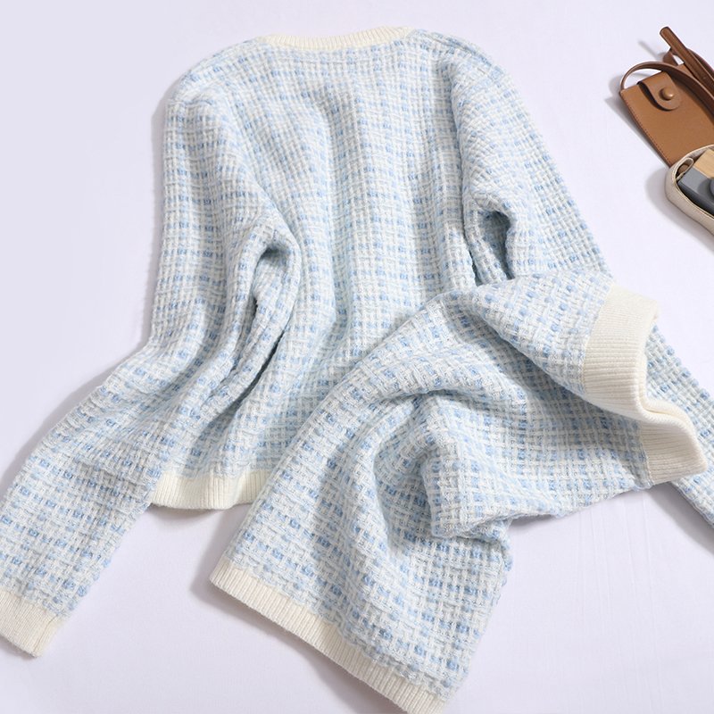 Wholesale 2024 Autumn New Style Fashionable Temperament Knitted Round Neck Cardigan Plaid Skirt Women's Set