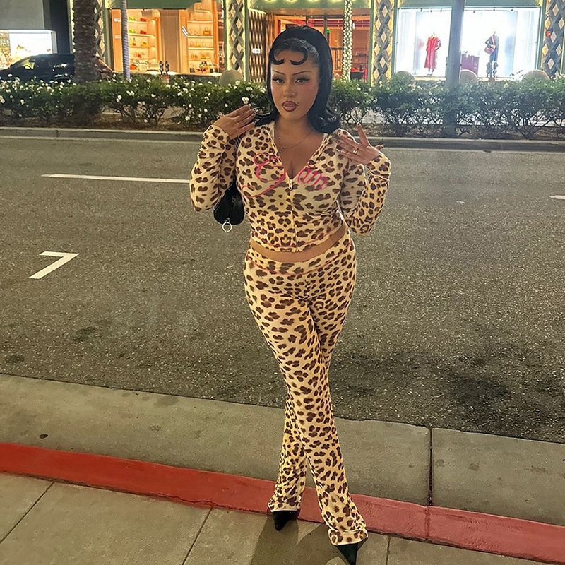 new fashion women's two piece long pant set zipper crop tops leopard shorts slim streetwear casual set for women