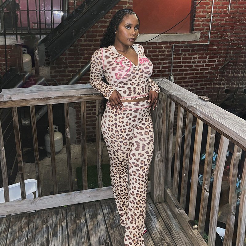new fashion women's two piece long pant set zipper crop tops leopard shorts slim streetwear casual set for women