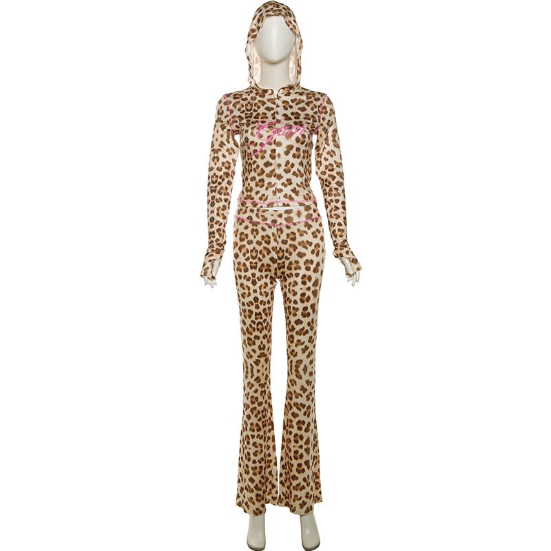 new fashion women's two piece long pant set zipper crop tops leopard shorts slim streetwear casual set for women