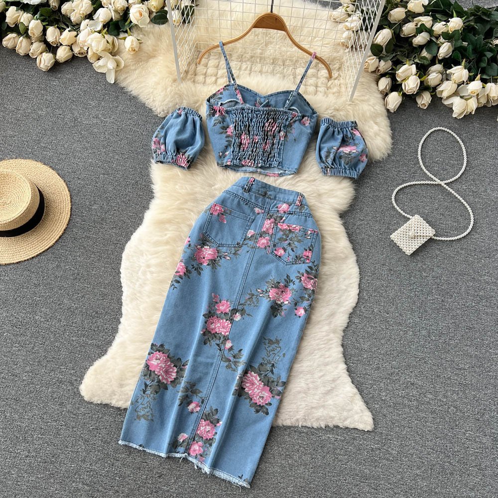 M679625611066 Women's Sets Summer Solid Tops Vintage High Waist Skirt Set Wholesale