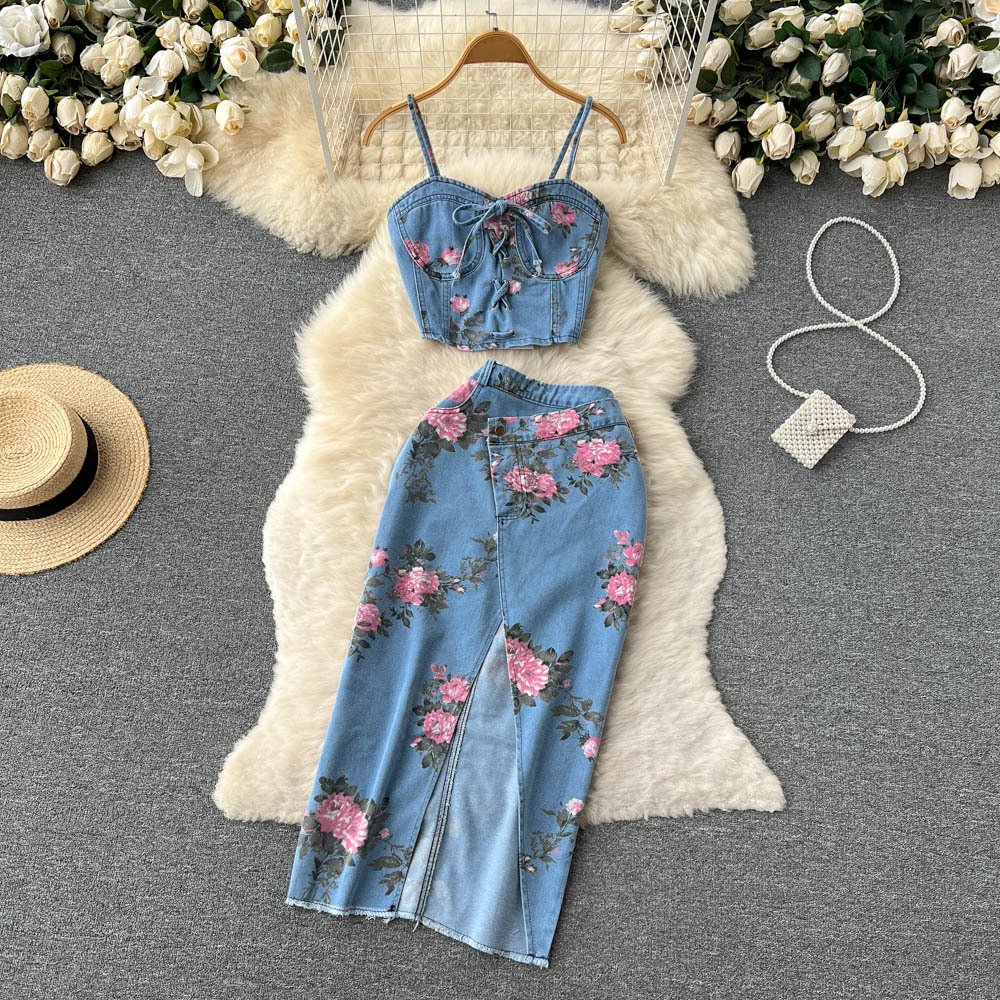 M679625611066 Women's Sets Summer Solid Tops Vintage High Waist Skirt Set Wholesale