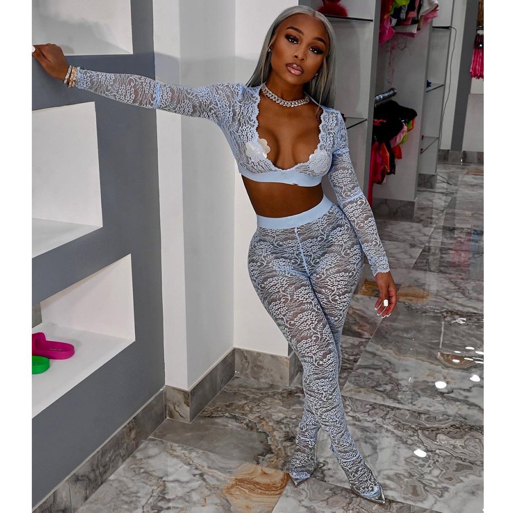 Fall 2024 Women's Clothing Mesh 2 Piece Outfits Sets Sexy V-Neck Crop Top And Skinny Pants Lace Two Piece Set For Ladies
